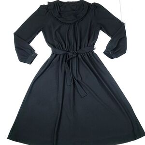 Vintage 70s 80s Jennifer Gee Black Chiffon Belted Long Sleeve Midi Dress